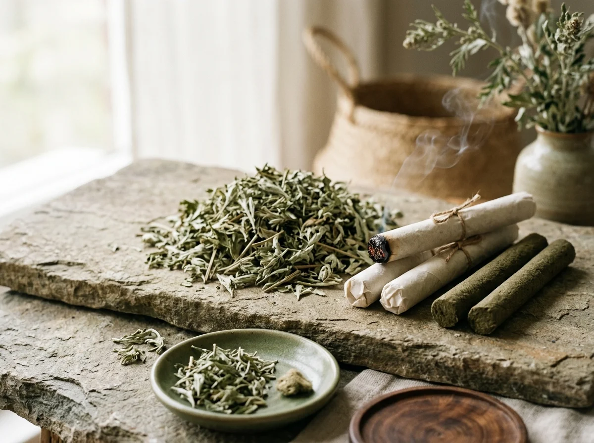 Moxa-Kräuterstangen und getrockneter Beifuß – Motiv zur Moxibustion