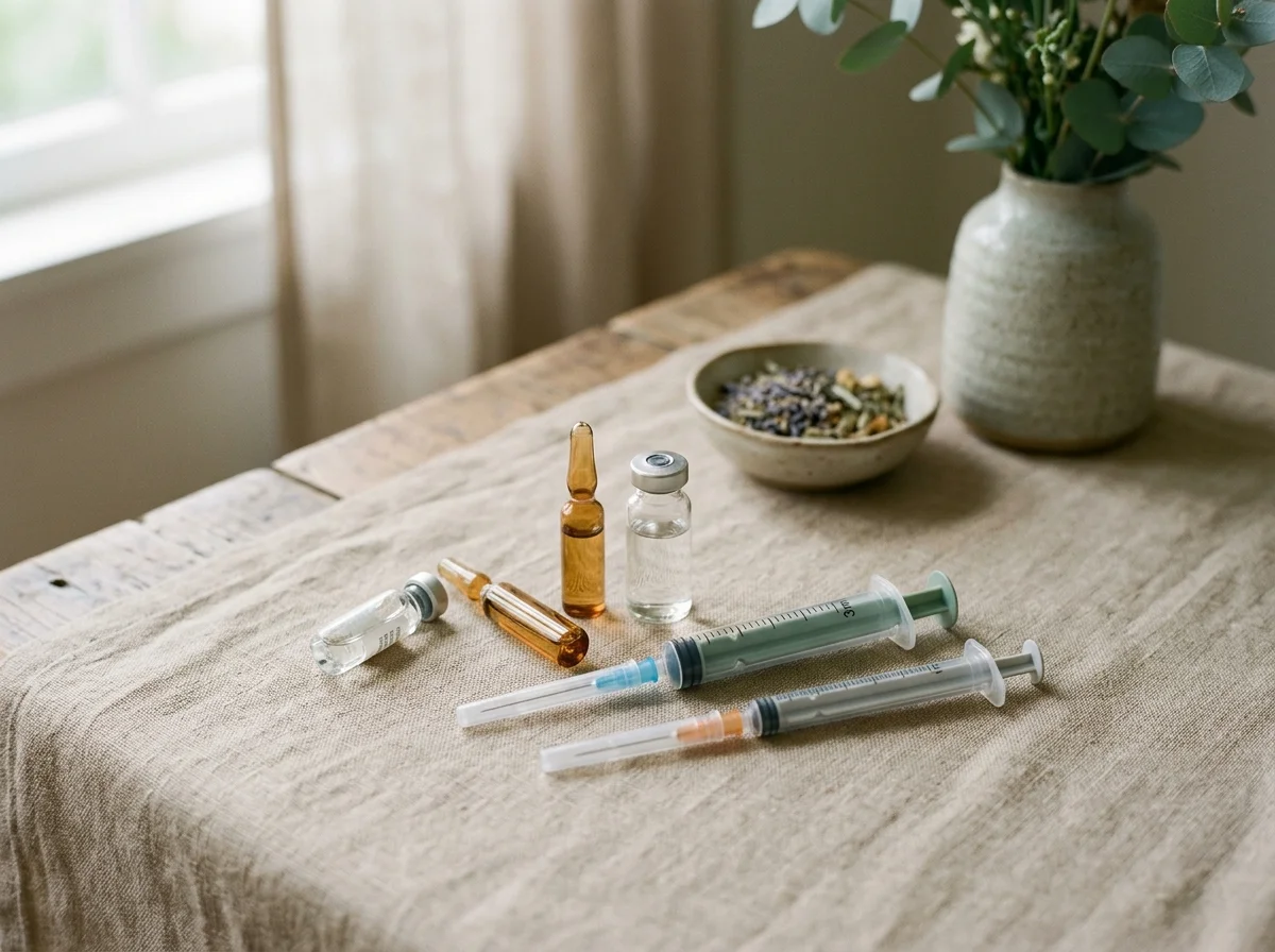 Sterile Einmalspritzen und Glasampullen auf Leinen – Motiv zur Quaddeltherapie